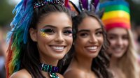 Young diverse women with rainbow face glitter, colorful feather accessories and bright makeup celebrating at pride festival parade, expressing joy and unity.