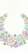 Watercolor peony wreath in soft pastel shades of lavender, blush, and mint on a light background, perfect for wedding cards and invitations.