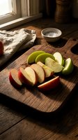 Fresh sliced red and green apples arranged on rustic wooden cutting board in warm sunlit kitchen setting for healthy snacking and cooking preparation.