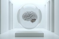 Human brain model suspended in transparent sphere floating above pedestal in minimalist white corridor, representing neuroscience and cognitive research.