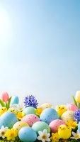 Colorful Easter eggs with yellow chicks, spring flowers and decorations on soft gradient background for holiday celebration and seasonal greeting cards.