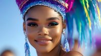 Young African American woman with bright makeup and glitter headpiece smiling against colorful carnival feathers background, expressing joy and celebration during festival.