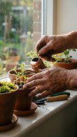 Elderly hands watering young seedlings in terracotta pots on a sunny windowsill, nurturing indoor garden with copper watering can.