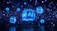 Glowing blue AI cubes floating in digital space with sparkling particles and reflective surface for technology presentations.