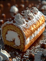 Swiss roll cake with whipped cream filling and topping, decorated with powdered sugar and hazelnuts on dark background, close-up view in warm lighting.
