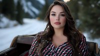 Young Asian woman with long dark wavy hair wearing sequin dress poses in luxury car during winter. Snow covered mountains and forest create dramatic outdoor backdrop.