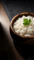 Cooked white rice in wooden bowl garnished with fresh parsley on dark wooden surface for healthy meal preparation and cooking concepts.