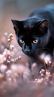 Black cat with intense amber eyes peering through delicate white wildflowers against soft pink bokeh background, creating mysterious and enchanting mood.