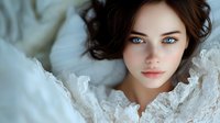 Young woman with striking blue eyes and dark hair resting on white lace fabric, soft ethereal portrait with natural makeup and delicate lighting creates dreamy atmosphere.