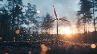 Magical forest scene at sunset with glowing bokeh lights and silhouetted grass blade against sunburst, creating dreamy atmospheric nature photography.