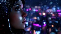 Young woman profile in neon city lights with glitter makeup and dreamy expression against blurred urban nightscape with bokeh effects and rain drops.