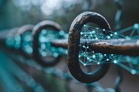 Rustic metal chain links with glowing digital network overlay against blurred teal background, symbolizing blockchain technology and digital connectivity.