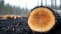 Freshly cut pine log showing detailed wood grain rings and bark texture against dark soil background, selective focus on cross section surface.