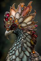 Ornate jeweled bird brooch featuring intricate gemstone and crystal details in autumn colors, metallic finish, and elaborate feather crown design against dark background.