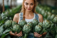 Young Caucasian woman in denim overalls holding fresh artichokes from garden harvest. Natural organic farming and sustainable agriculture concept.