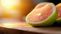 Fresh cut grapefruit halves with juicy pink flesh and green rind on wooden cutting board against warm blurred background in natural lighting.