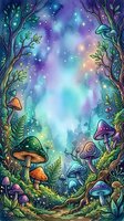 Enchanted forest clearing with glowing mushrooms, magical trees, and luminous particles creating a mystical woodland fantasy atmosphere for design projects.