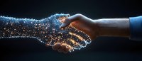 Digital transformation handshake between human and artificial intelligence with glowing particles and light effects on dark background, symbolizing future cooperation.