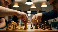 Two focused chess players engaged in strategic gameplay during competitive tournament match in modern indoor setting with warm ambient lighting.