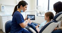 Female dentist in blue scrubs showing digital X-ray results to young patient and parent in modern dental office during consultation appointment.