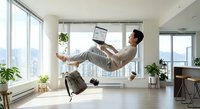 Young Asian businessman floating in mid-air with laptop in modern office space with city view windows and plants for remote work concepts.