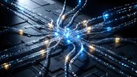 Futuristic digital neural network with glowing fiber optic cables and data streams radiating from central hub on circuit board background for tech concepts.