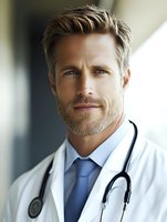 Confident mature male doctor with stethoscope wearing white coat and blue tie. Professional medical portrait with natural lighting showing experienced healthcare provider.