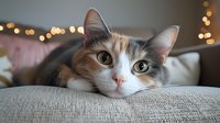 Sleepy calico cat resting head on gray couch with soft bokeh lights in background, looking directly at camera with bright green eyes and white facial markings.