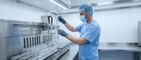 Male healthcare worker in blue scrubs and surgical mask operating modern medical sterilization equipment in clean hospital laboratory environment.