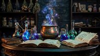 Magical alchemy laboratory with glowing potions, ancient spellbooks, and mystical cauldron creating enchanted blue smoke for fantasy gaming and storytelling.