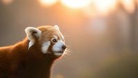 Adorable red panda portrait with warm golden sunlight creating dreamy bokeh background, showcasing fluffy fur and expressive face in natural habitat setting.