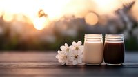Two glass jars with chocolate and vanilla milkshakes on wooden surface at sunset, decorated with delicate white cherry blossoms creating romantic atmosphere.