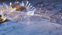 Shattered glass fragments scattered on marble surface with dramatic lighting creating rainbow reflections and prismatic effects for luxury design concepts.