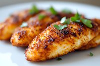 Grilled chicken breast with spicy seasoning and fresh herbs on white plate, shallow depth of field focus on golden-brown crispy surface and garnish.