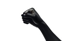 Hand in black latex glove making grabbing gesture against white background, isolated dramatic lighting creates strong contrast and shadow for medical or professional use.