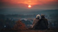 Elderly couple sitting together watching romantic sunset over valley landscape, peaceful retirement moment, golden hour light, autumn season, love and togetherness.