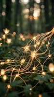 Warm golden string lights creating magical bokeh effect in lush green forest setting for festive outdoor decoration and ambient lighting design.