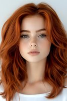 Young woman with vibrant copper red hair, blue eyes, and freckles wearing natural makeup and white top, looking directly at camera with soft expression.