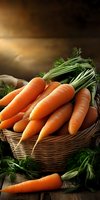 Fresh orange carrots with green tops in wicker basket on rustic wooden background with dramatic lighting and dark moody atmosphere.