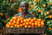 African farmer holding large wicker basket filled with freshly harvested oranges in citrus orchard, wearing traditional cap and work shirt, surrounded by orange trees.