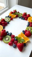 Fresh mixed berries and fruits arranged in heart shape on white plate for healthy eating and romantic breakfast concepts.