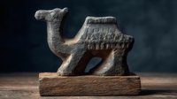 Ancient stone camel figurine on wooden base against dark background, showcasing detailed craftsmanship of historical Middle Eastern art.