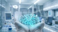 Healthcare professional holding glowing digital brain hologram in modern medical facility representing artificial intelligence in medicine.
