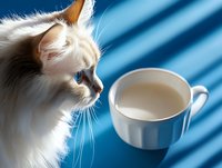 Fluffy white cat with blue eyes gazes at cup of milk on blue striped surface, perfect for pet food, beverage, and animal care marketing campaigns.