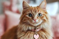 Adorable ginger long-haired cat with bright blue eyes wearing pink heart-shaped collar tag looks directly at camera with soft, dreamy expression against blurred background.