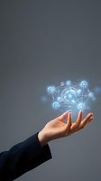 Business hand presenting glowing digital network connections with interconnected nodes floating above palm for technology and innovation concepts.