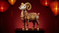 Golden ram statue with ornate decorations and curved horns displayed against red background with traditional lanterns for Chinese New Year celebrations.
