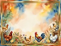 Watercolor farm scene with rooster, hens, and botanical elements in warm autumn tones. Isolated design on white background, ready for greeting cards, posters, and farmhouse decor projects.