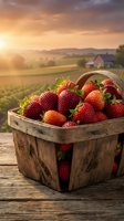 Fresh ripe strawberries in rustic wooden basket on farm table at golden hour sunset with countryside landscape and barn in background.