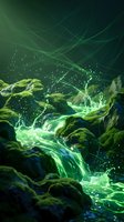 Mystical green waterfall cascading over moss-covered rocks with magical light rays and sparkling water droplets in enchanted forest setting.